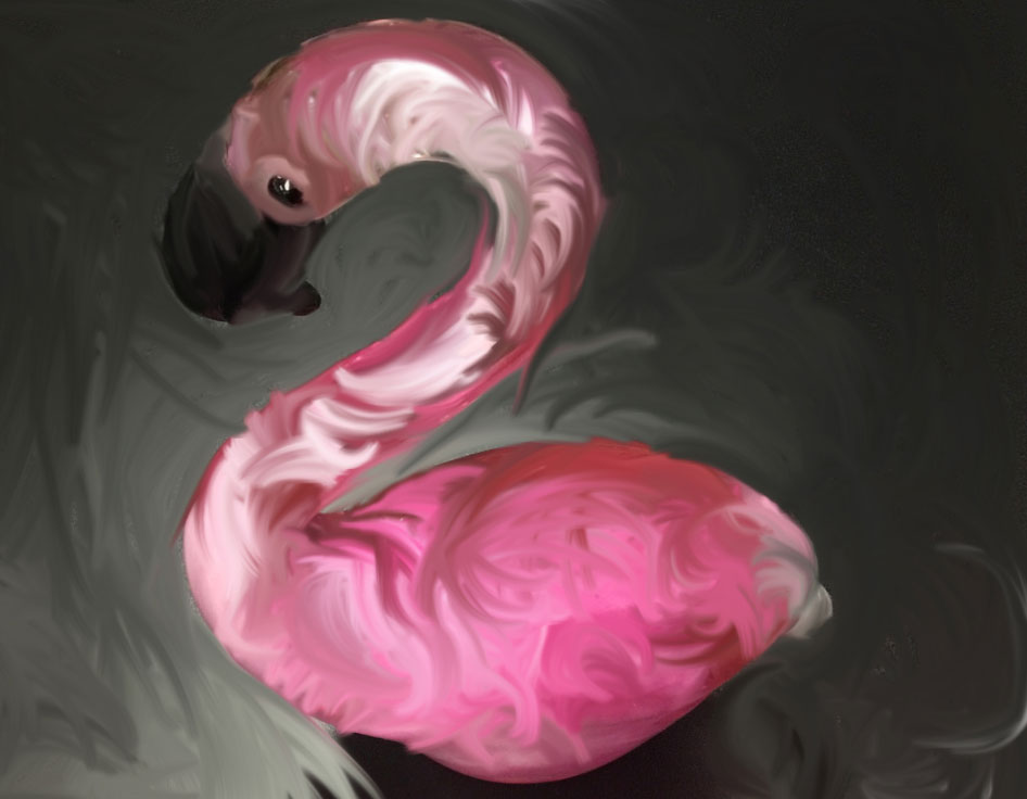 A textured painting of a flamingo.