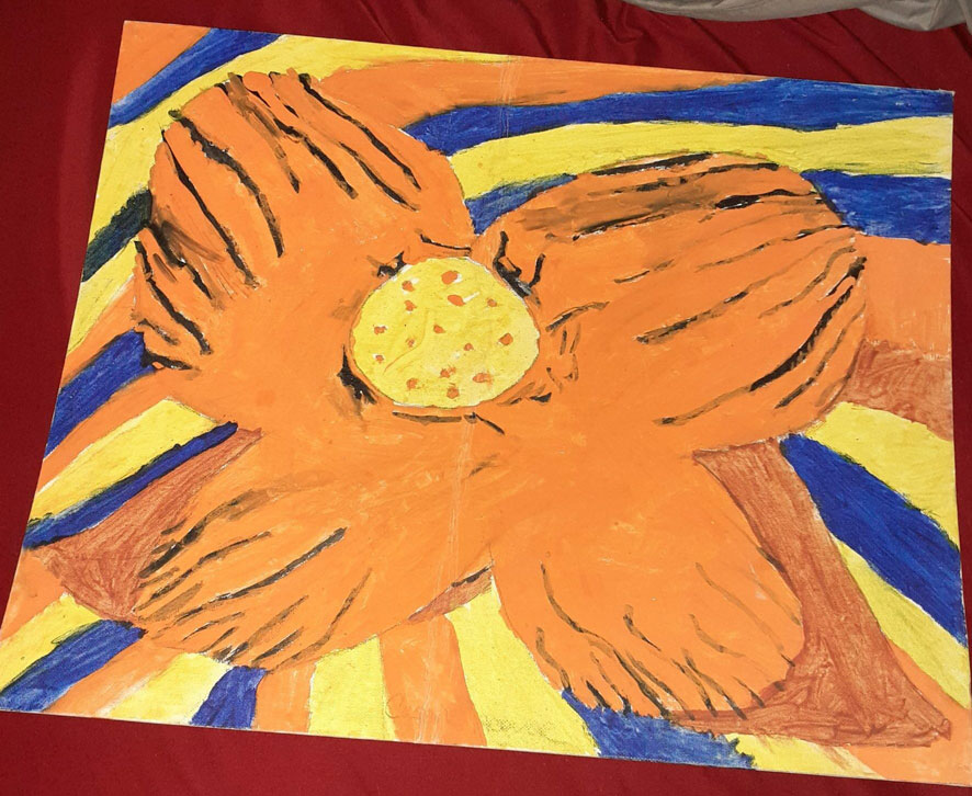 An artwork of an orange flower on a blue, yellow and orange background.