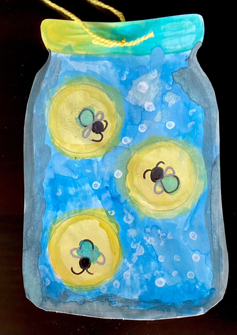 A painting of a jar of fireflies.