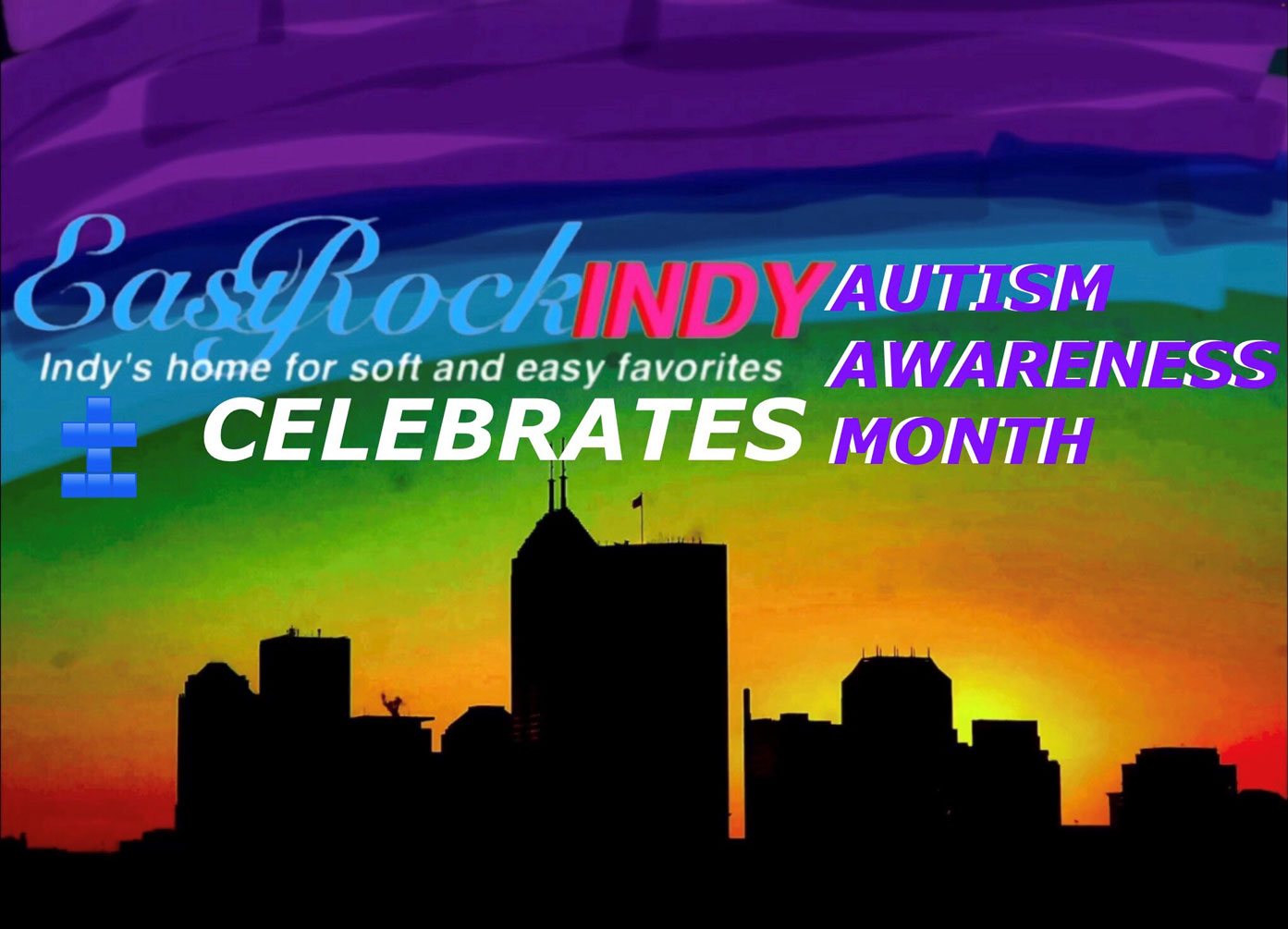A picture of downtown Indianapolis in a rainbow overlay, with the Easy Rock Indy logo in the foreground.