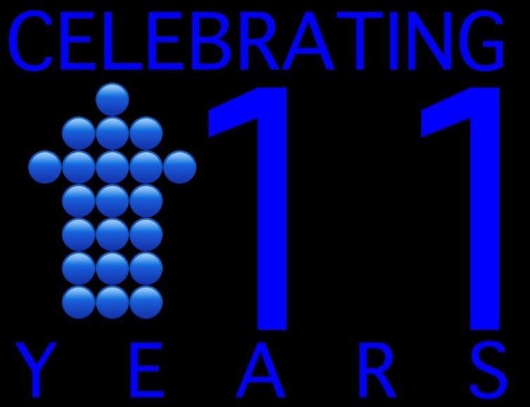 A picture of black with blue words on them saying: Celebrating 11 years. 
