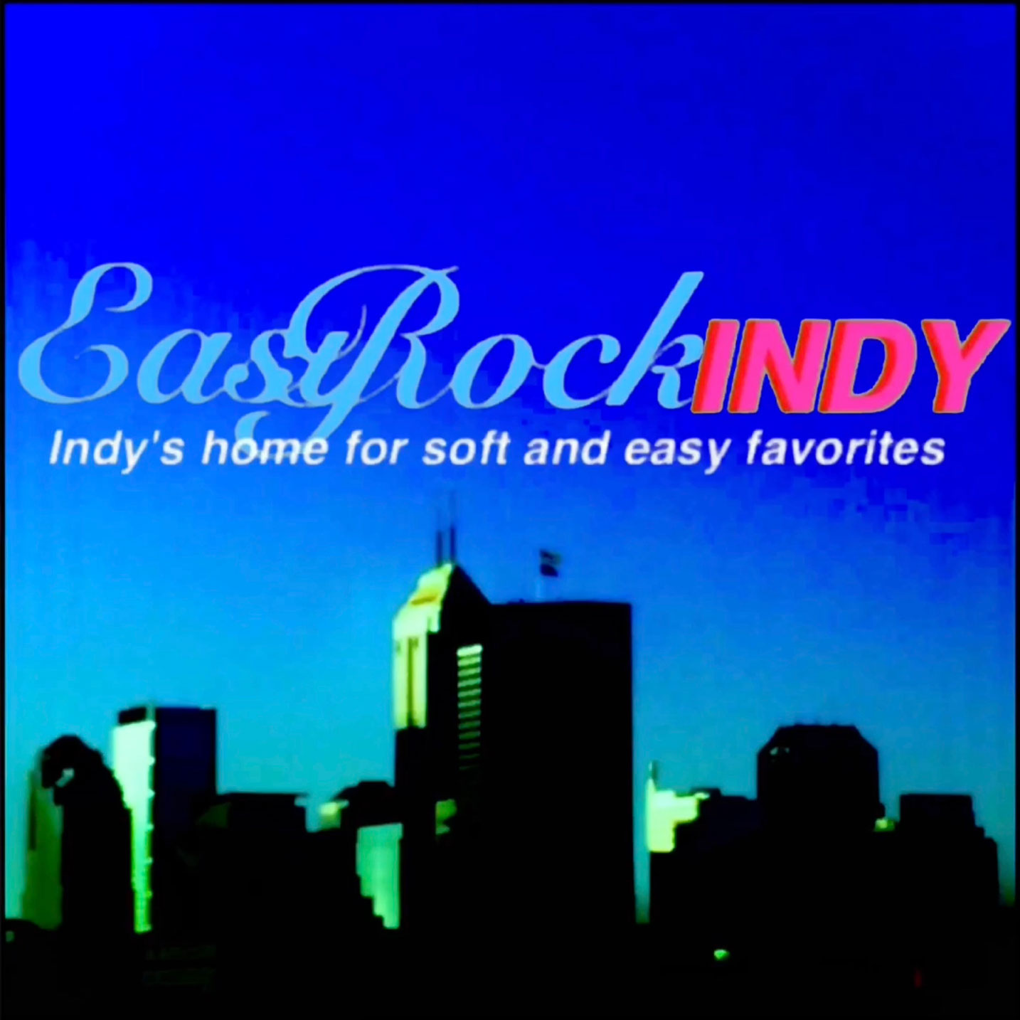 A picture of downtown Indy with a Easy Rock Indy logo.
