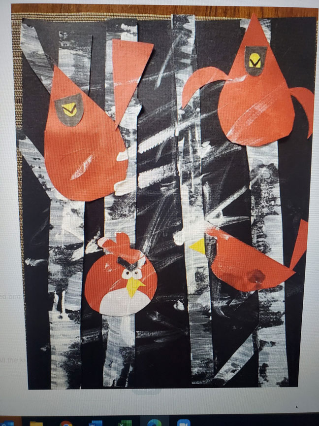 An artwork of cardinals in winter in the trees.
