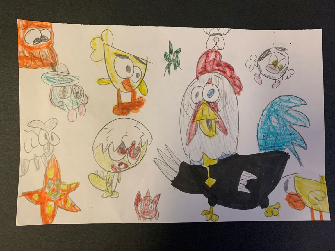 A colored drawing of various birds and creatures around a rooster.