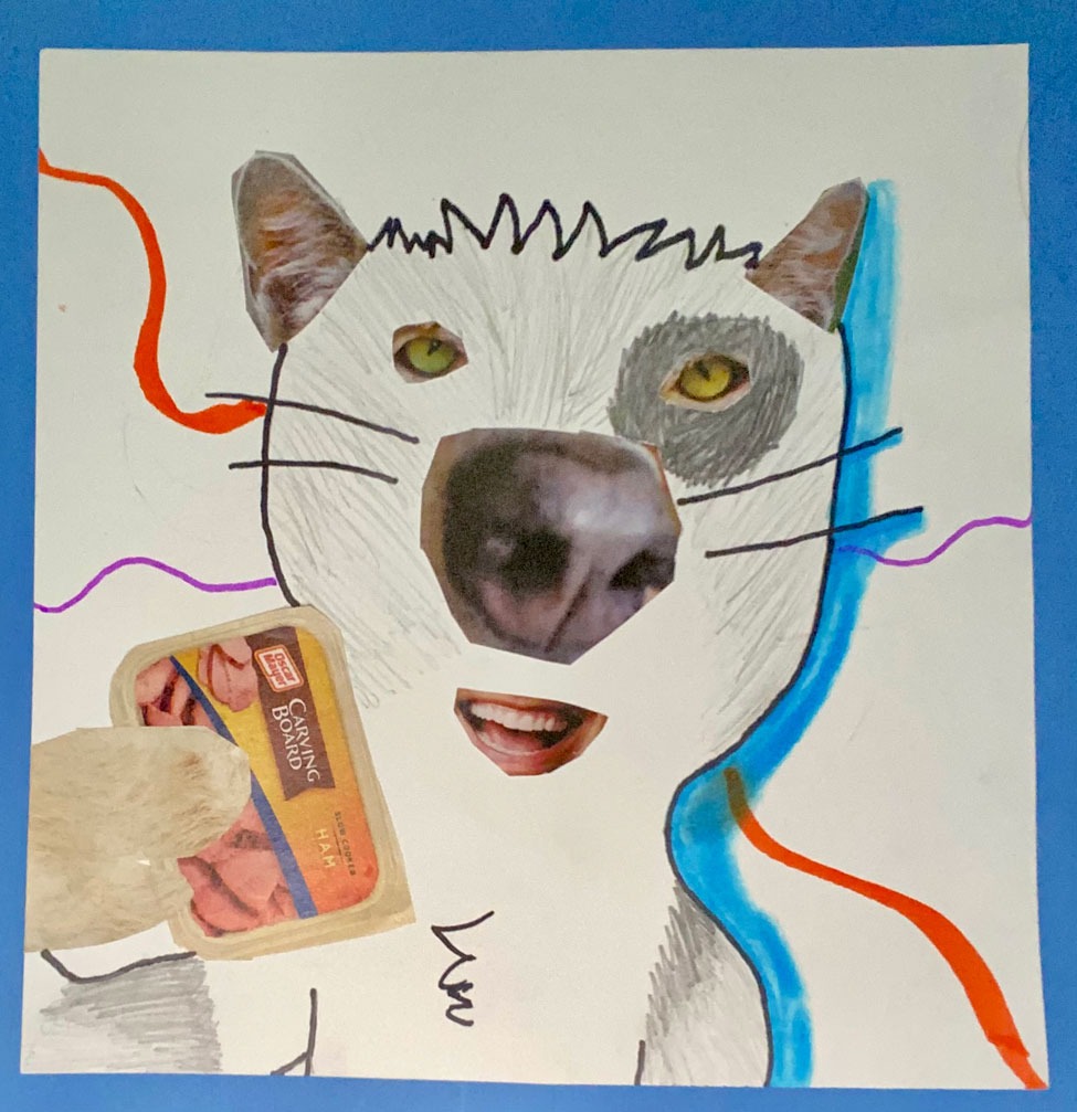 A magazine collage cutout on a creature.