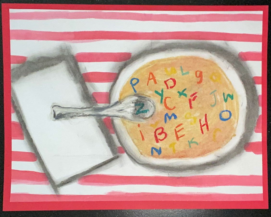 A colored drawing of alphabet soup.