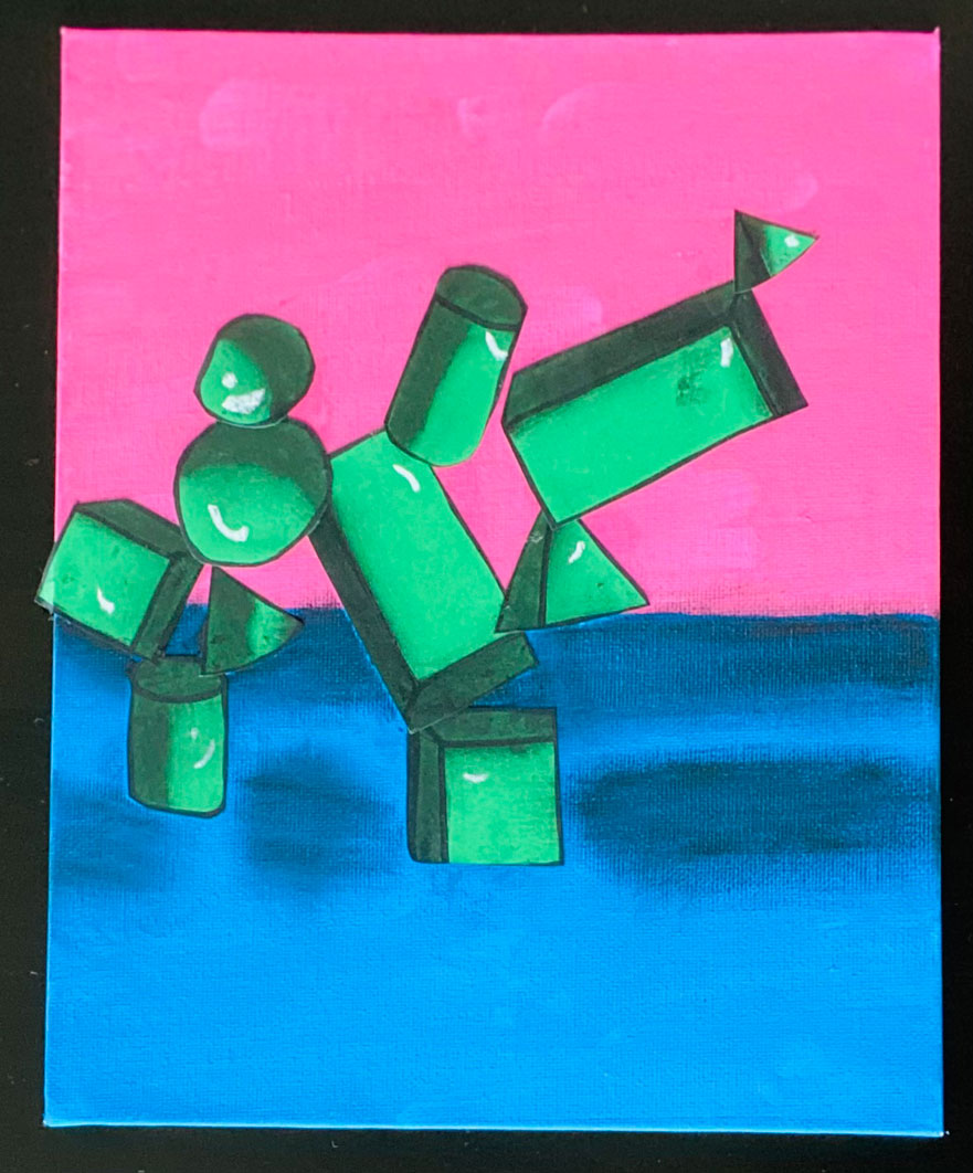 A colored drawing of green shaded shapes on a blue and pink background.