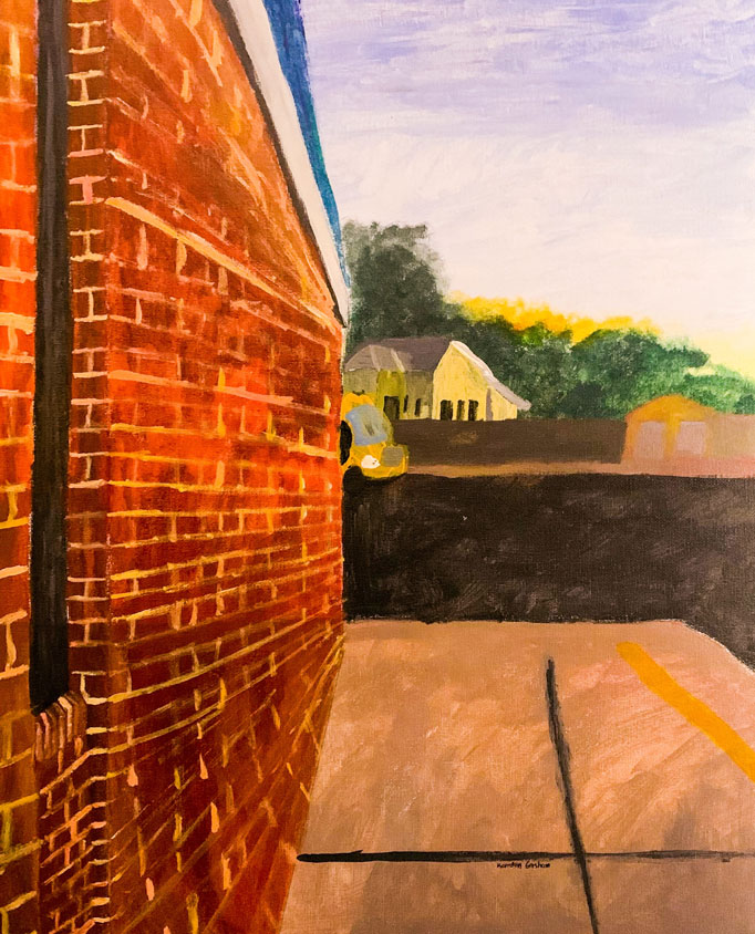 A painting of a school sidewalk.