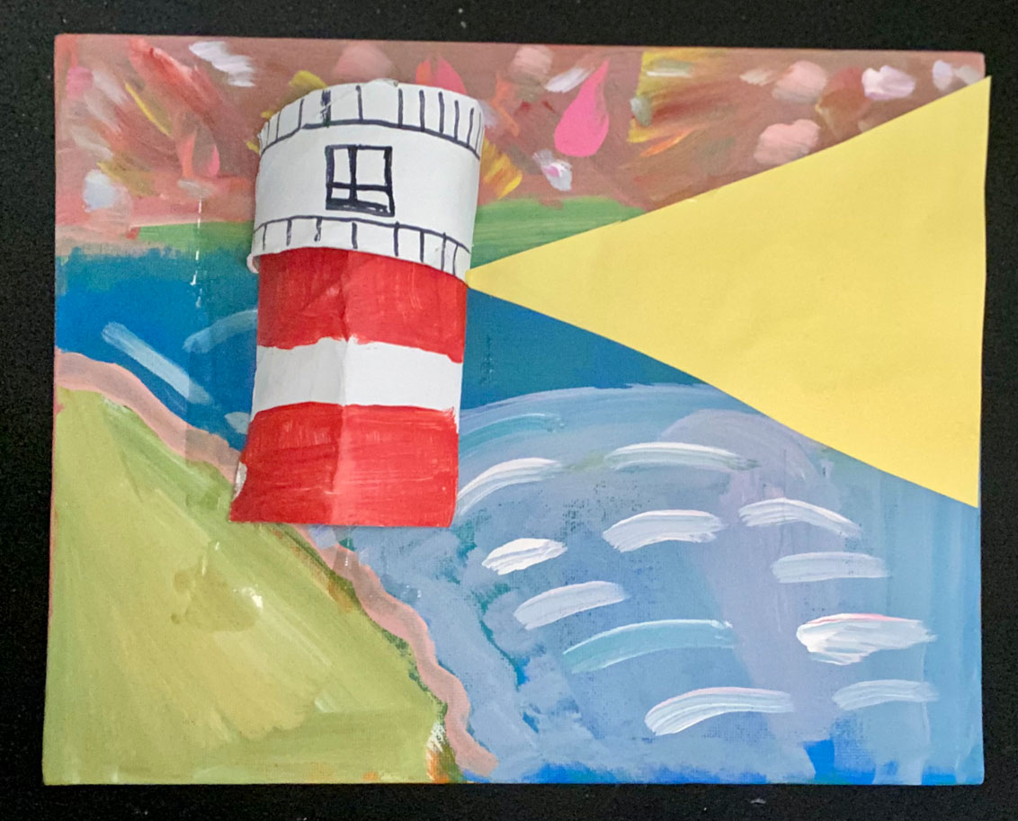An artwork of a lighthouse in the foreground, with scenery and paint strokes in the background.