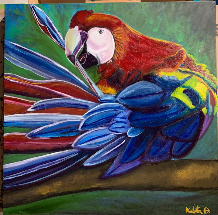 A painting of a red macaw.