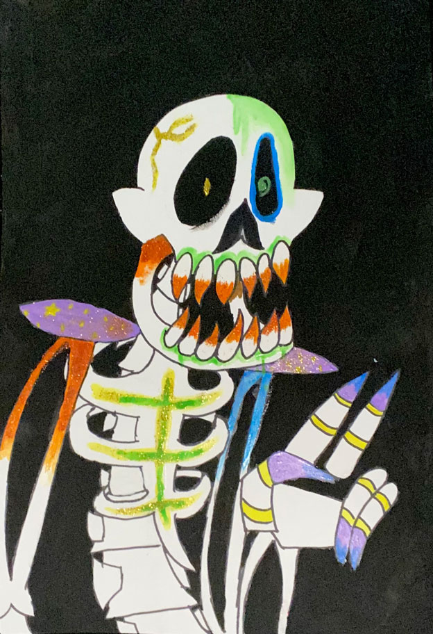 A colored art piece of a skeleton on a black background.