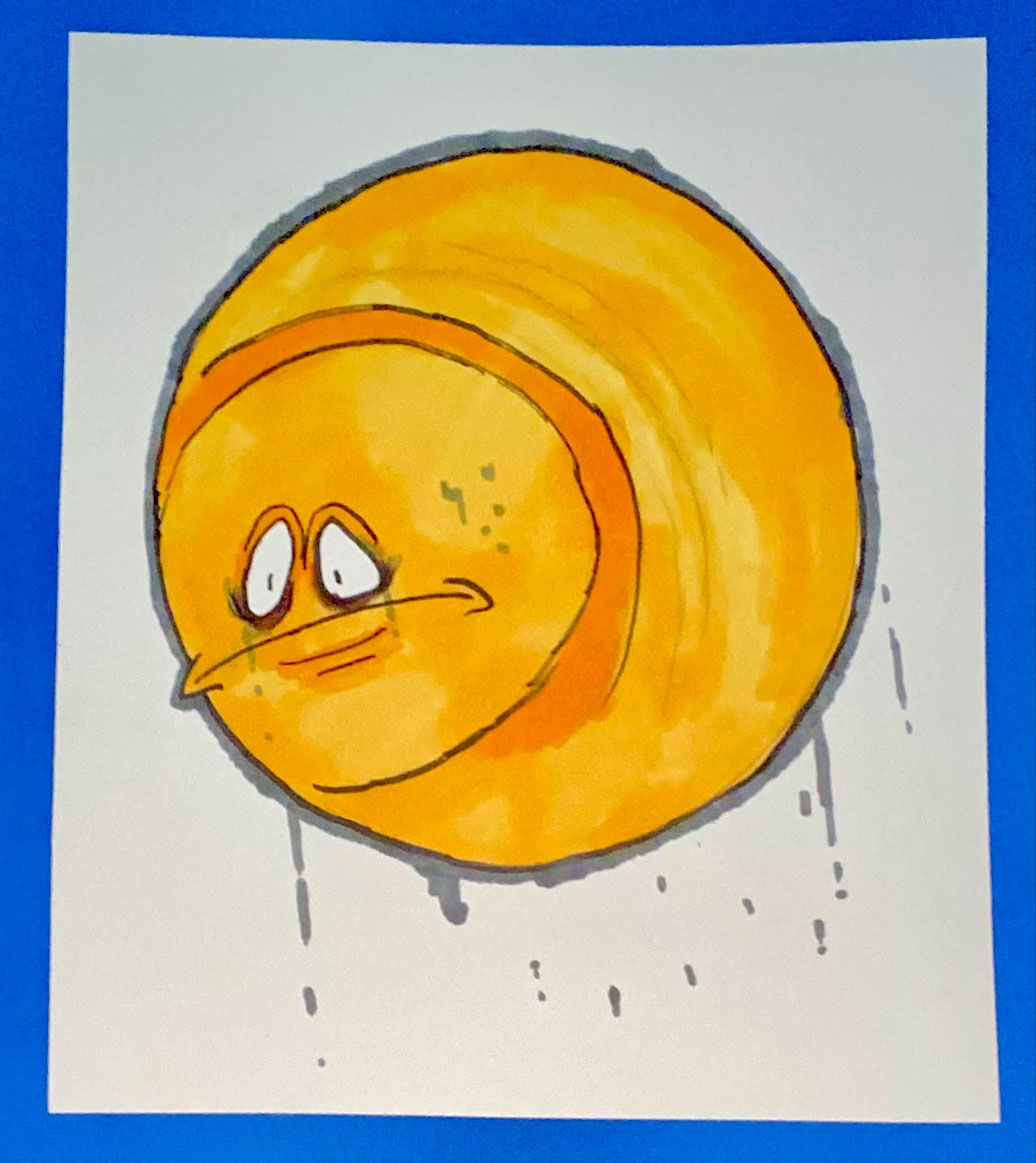 A colored drawing of an exhausted emoji.