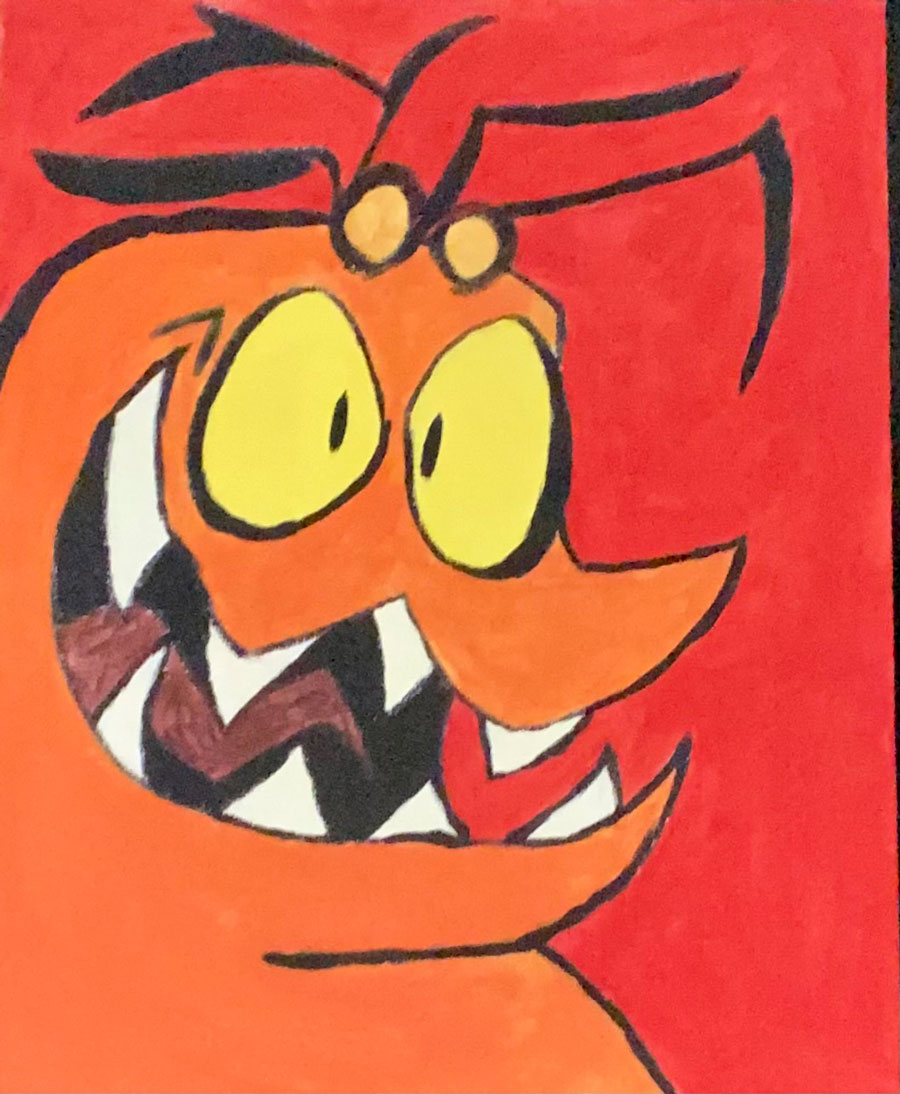 A colored drawing of an orange bug monster.