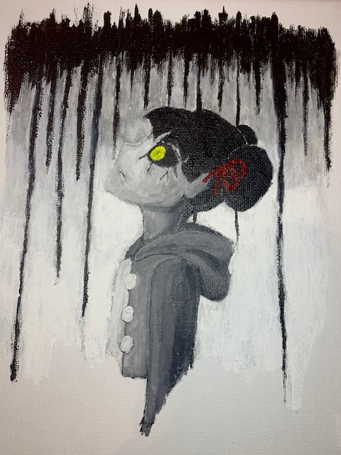 A black and white portrait of a girl with green eyes, looking to a black dripping sky.