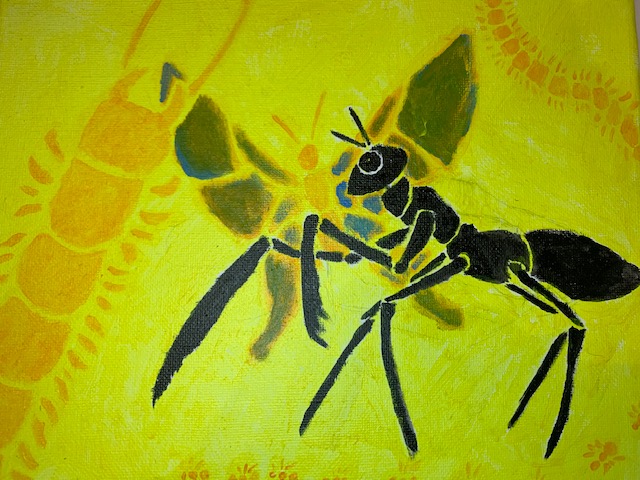 A painting of various bugs, like a mantis and more, representing the circle of life