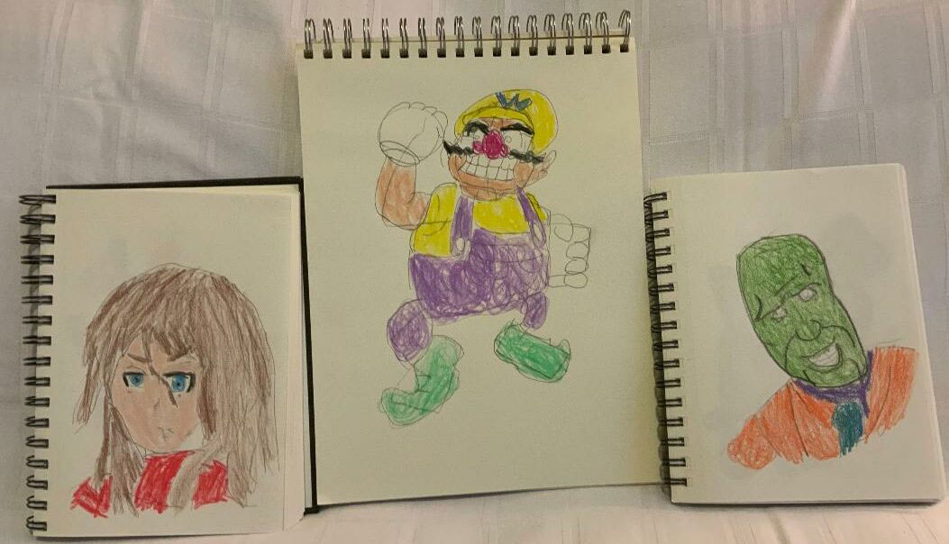 Three different drawings: one of an anime girl character, Wario, a video game character, and The Mask from the movie.