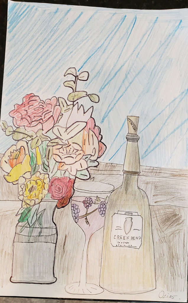 A colored drawing of a bouquet of flowers, and a glass of wine next to a wine bottle.