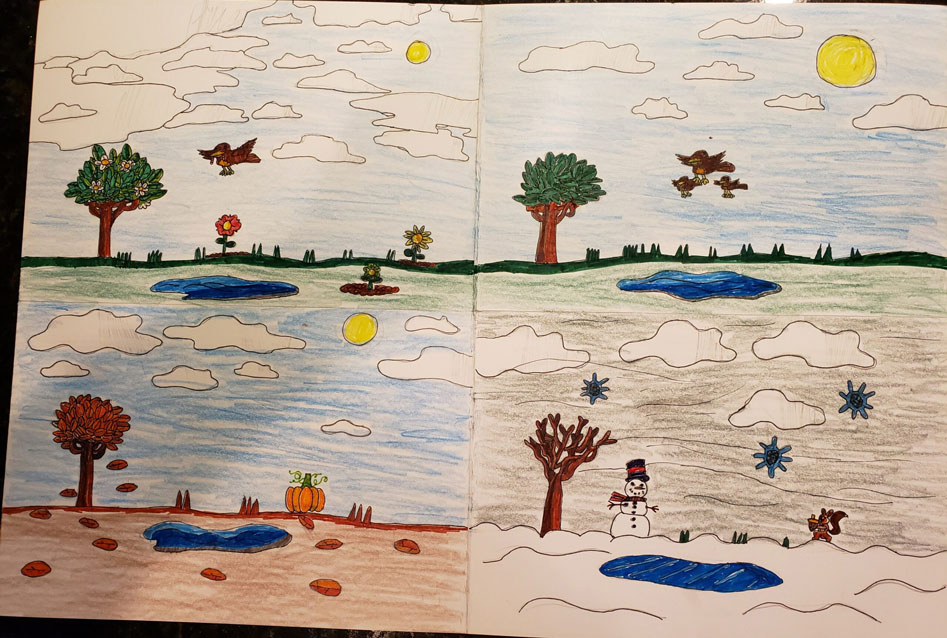 A colored drawing cut into four parts, over all four seasons.