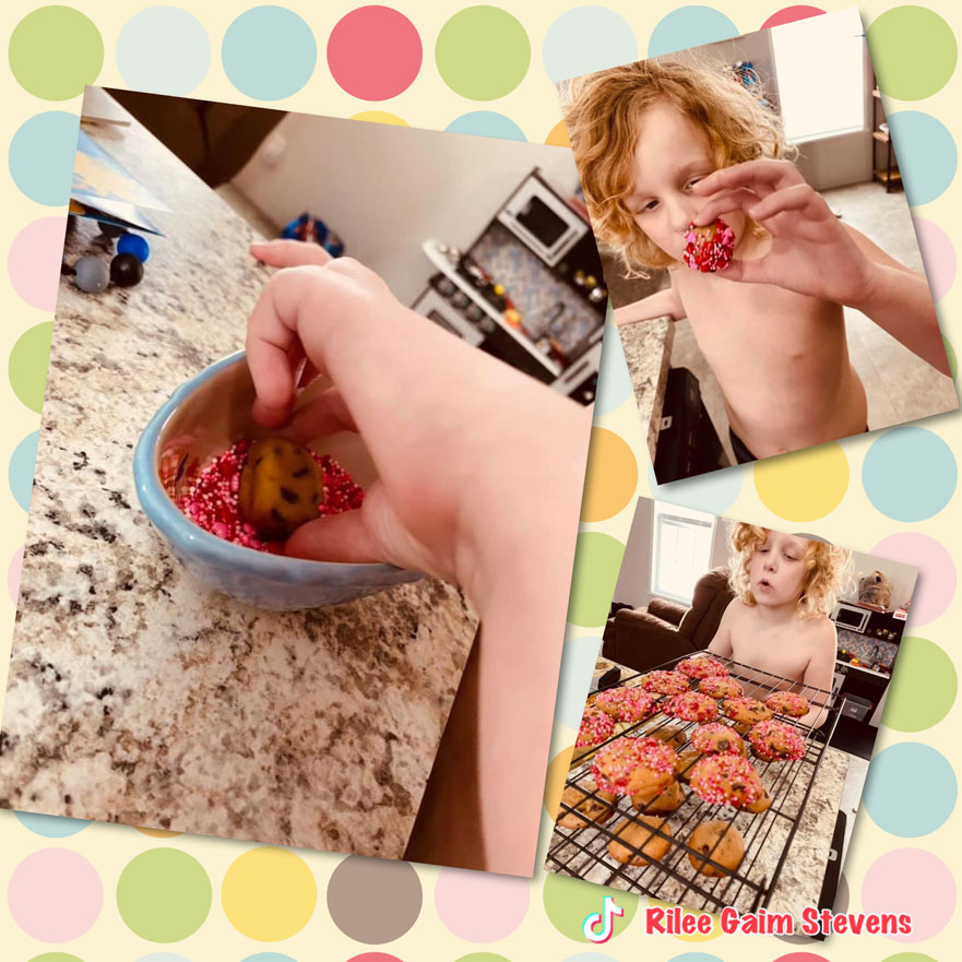 A picture collage of making sprinkle chocolate chip cookies with a little child.