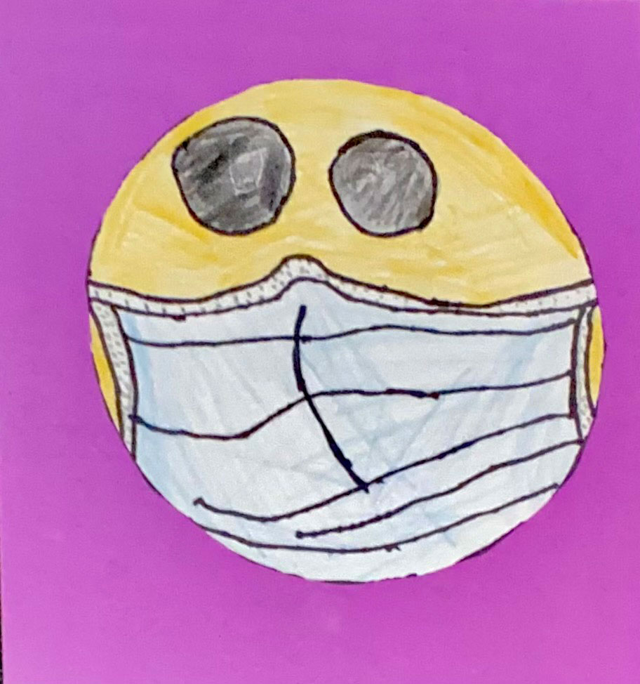 A child's art piece of an emoji with a surgical mask on.