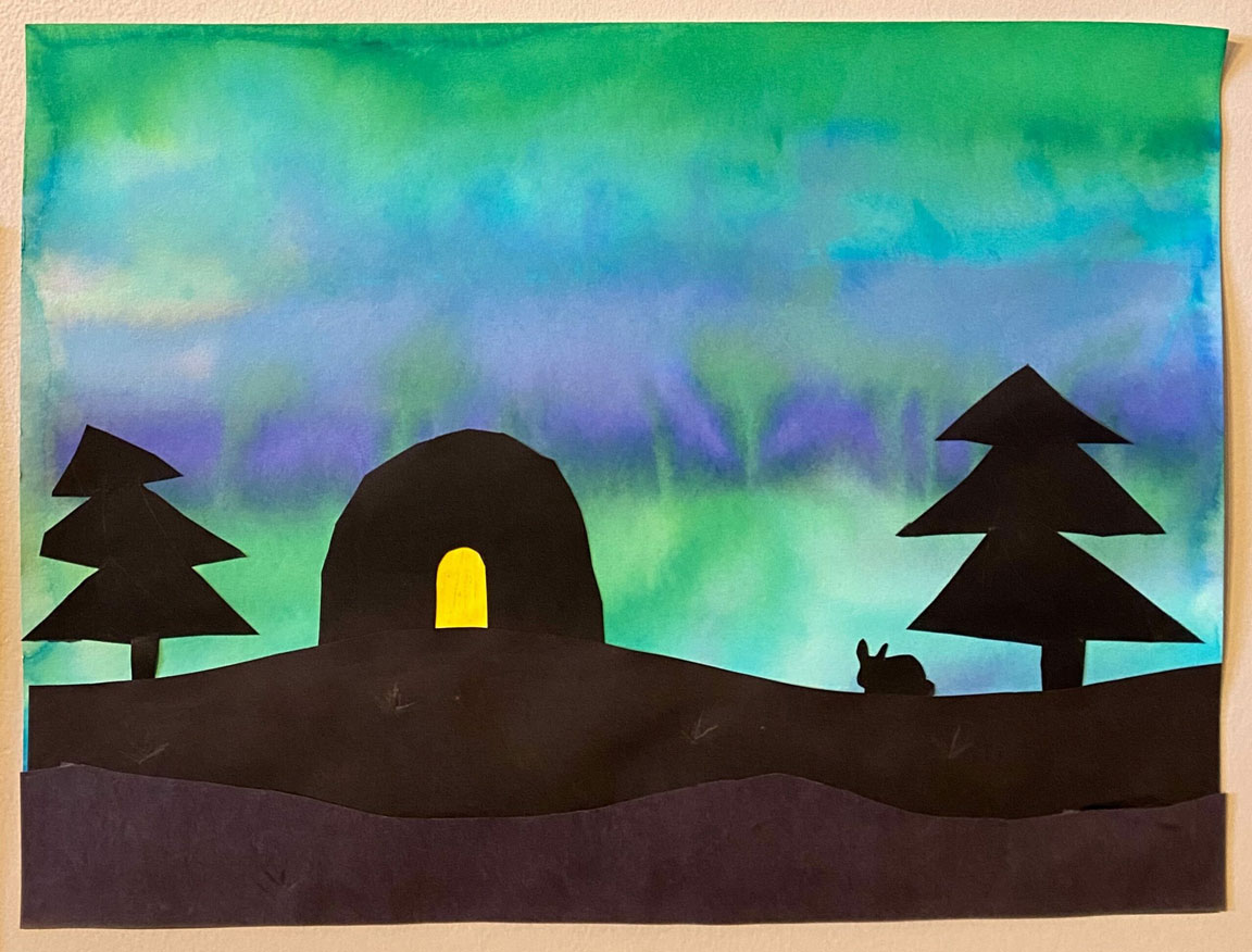 An art piece of the northern lights, with a black igloo and tree in the foreground.