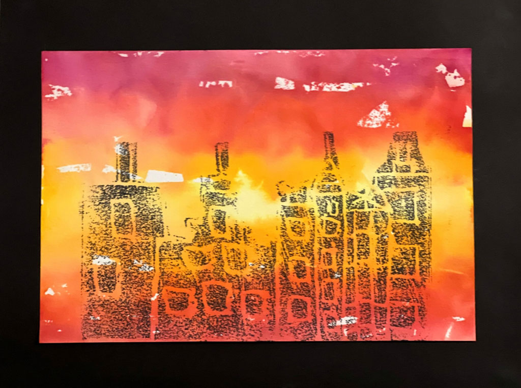 Artwork of a cityscape at the foreground of a sunset.