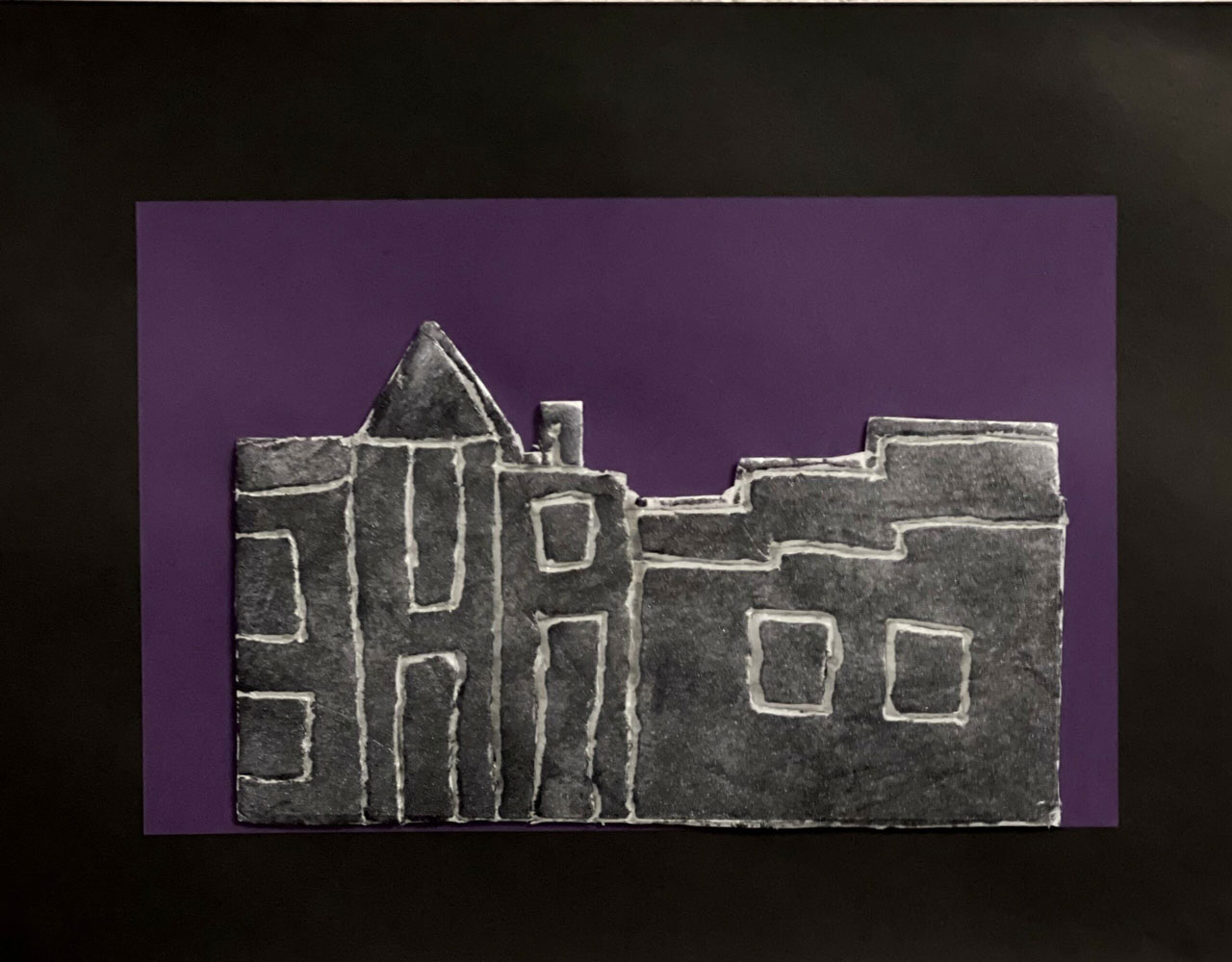 A cityscape painting at night artwork on a purple background.