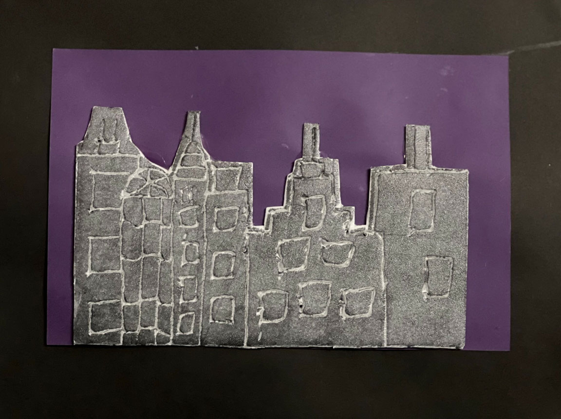 A gray cityscape at night artwork on a purple background.