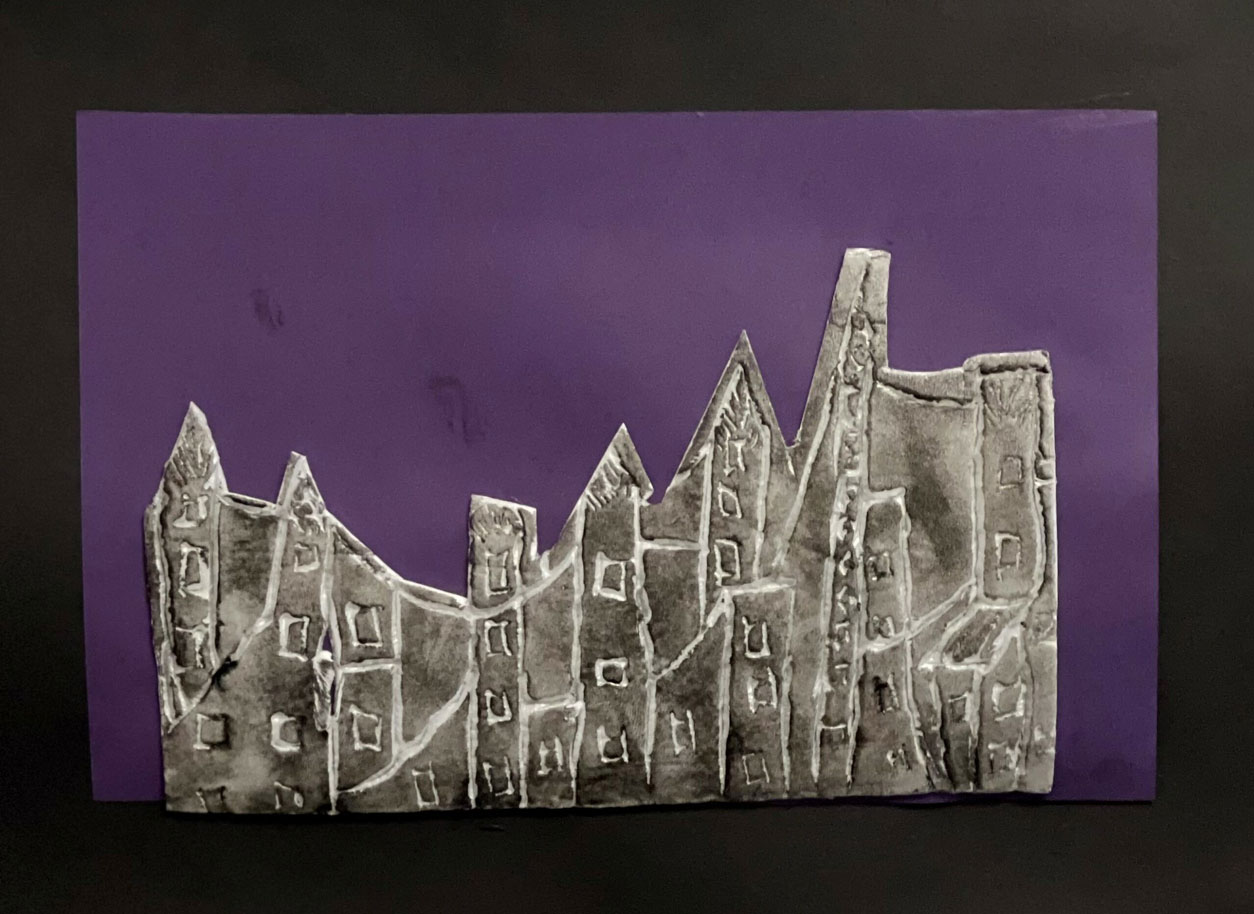 A cityscape at night artwork on a purple background.