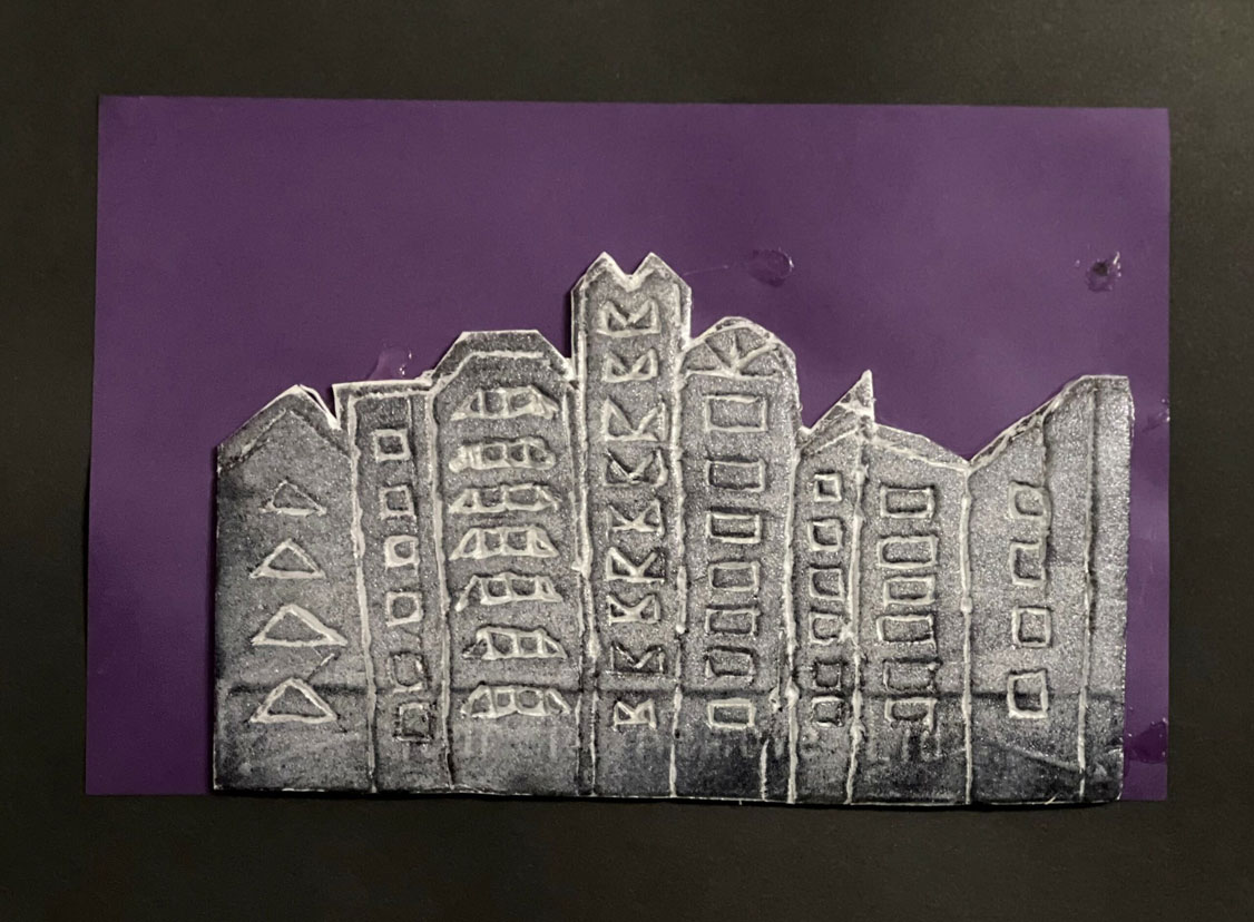 An artwork of a cityscape at night on a purple background.