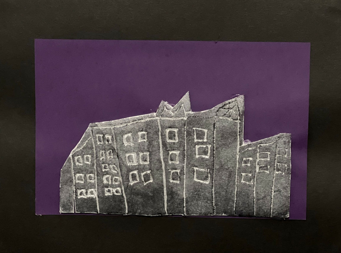A cityscape at night artwork on a purple background.