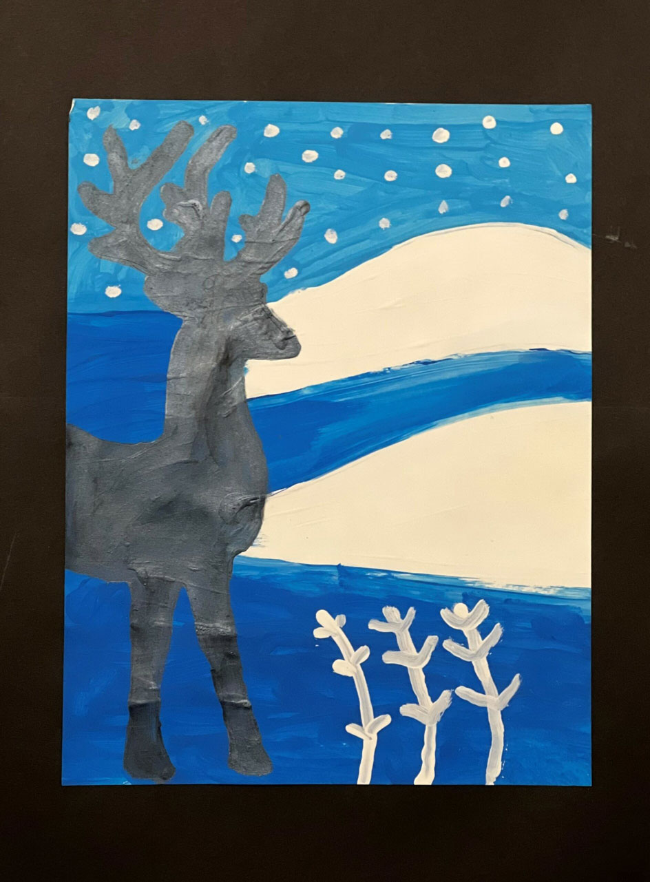 A blue winter inspired painting with a deer painted black in the foreground.
