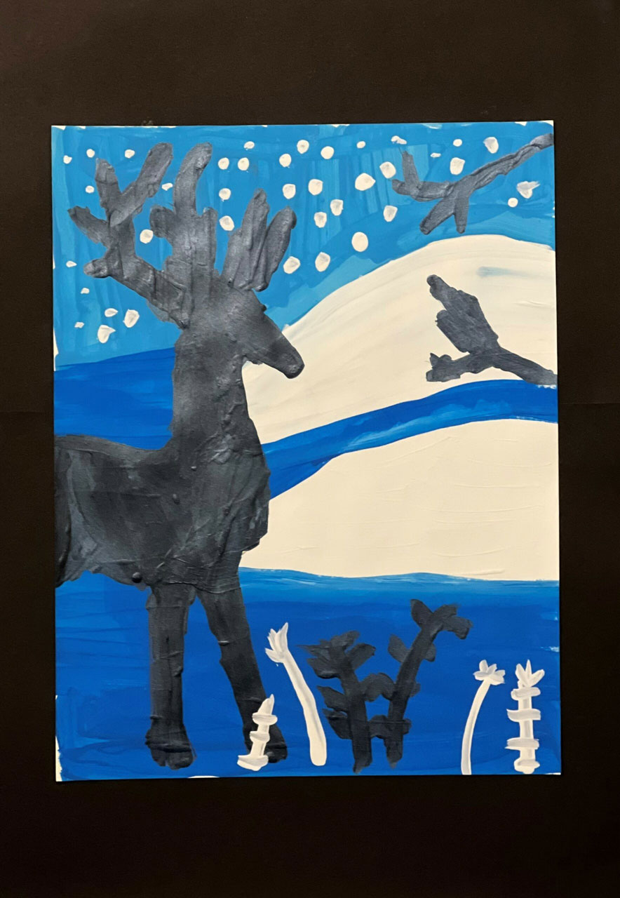 A winter inspired painting with a deer painted black in the foreground.