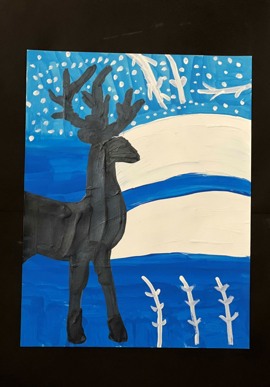 A winter inspired painting with a deer painted black.