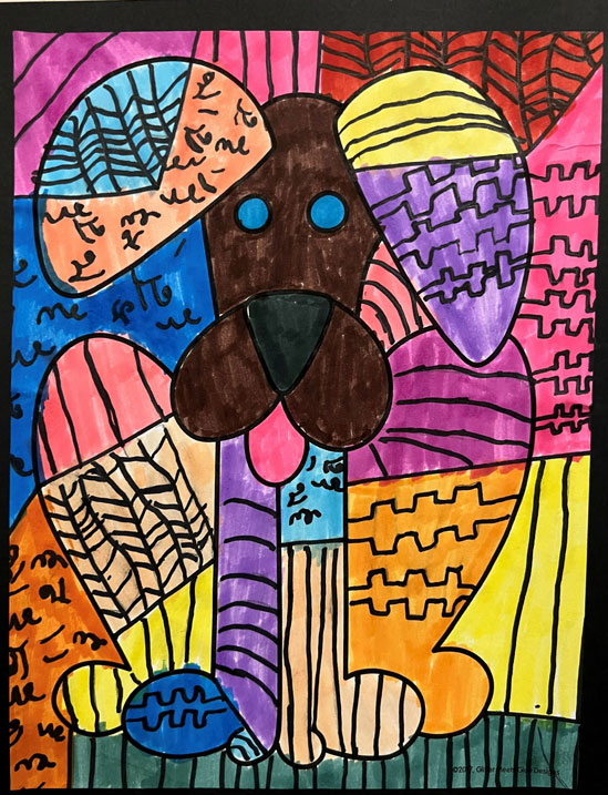 An artwork of doodled dog in multiple primary and secondary colors.