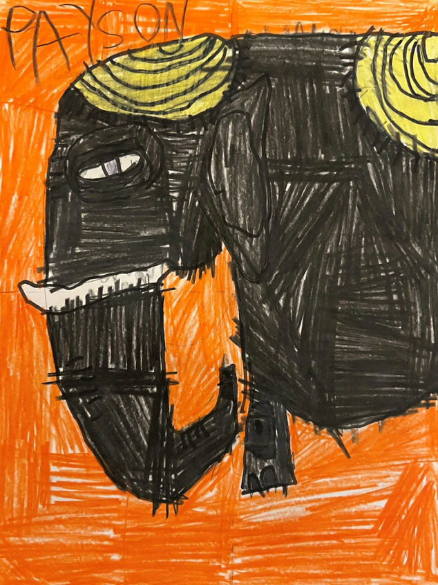 A drawing of a black elephant in the foreground on an orange background.