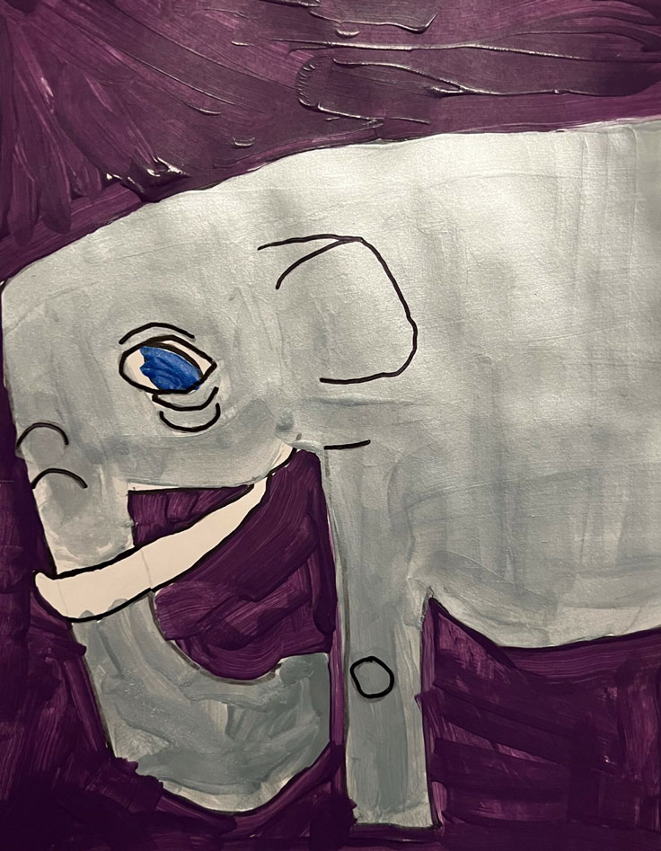 A painting of an elephant on a dark purple background.