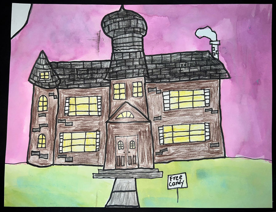 A drawing of a haunted house.