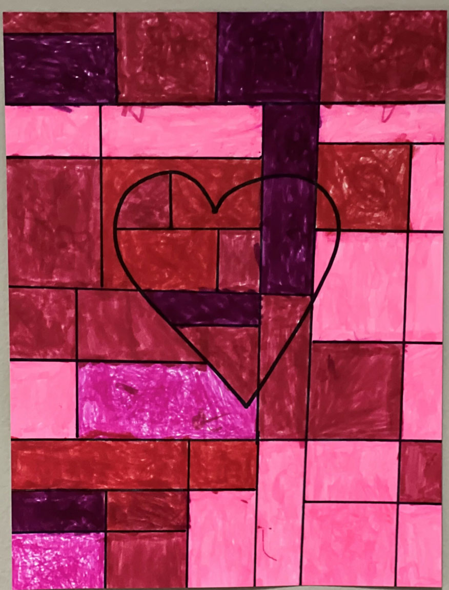 A red and pink geometric art piece with a heart drawn in the middle.