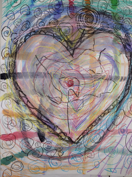 An artwork of a heart surrounded by multiple colors and scribbles.