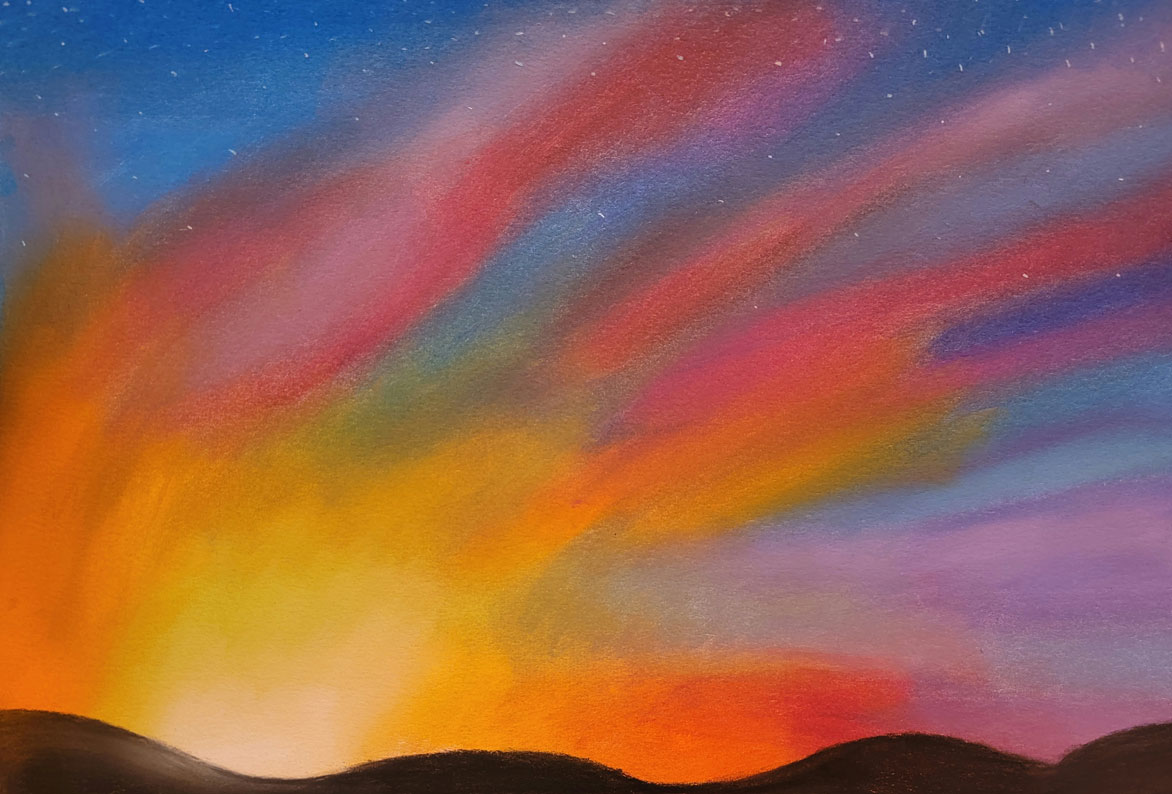 A painting of a flaming sky with an array of different colors.
