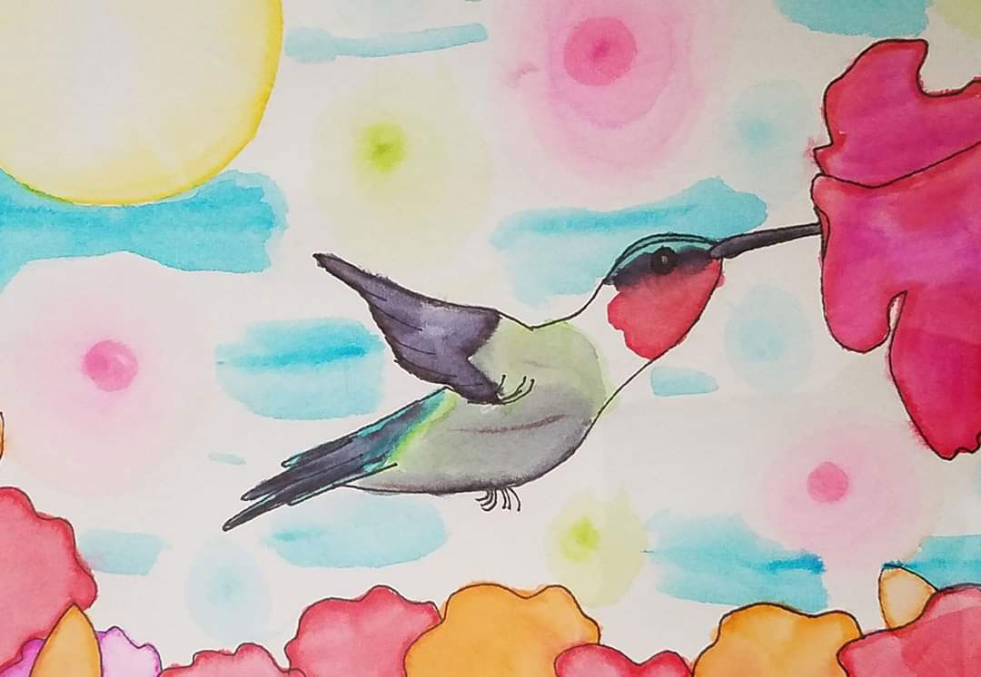 A watercolor painting of a hummingbird.