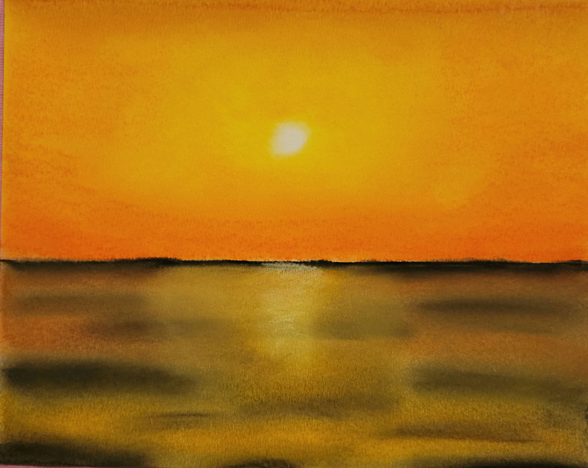A painting of the sea at sunset.