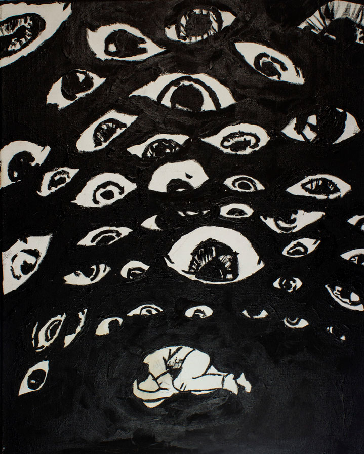 A black and white art piece of someone curled up on the floor, surrounded by wandering eyes above.