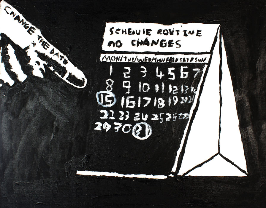 A black and white artwork of a calendar, and a finger pointing to it with the words: "Change the date" on the pointer finger.