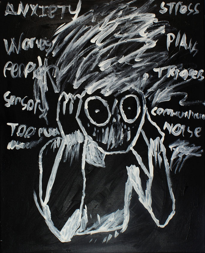 A black and white artwork of someone in distress, with various words like "anxiety, stress, noise, sensory" and more in the background.