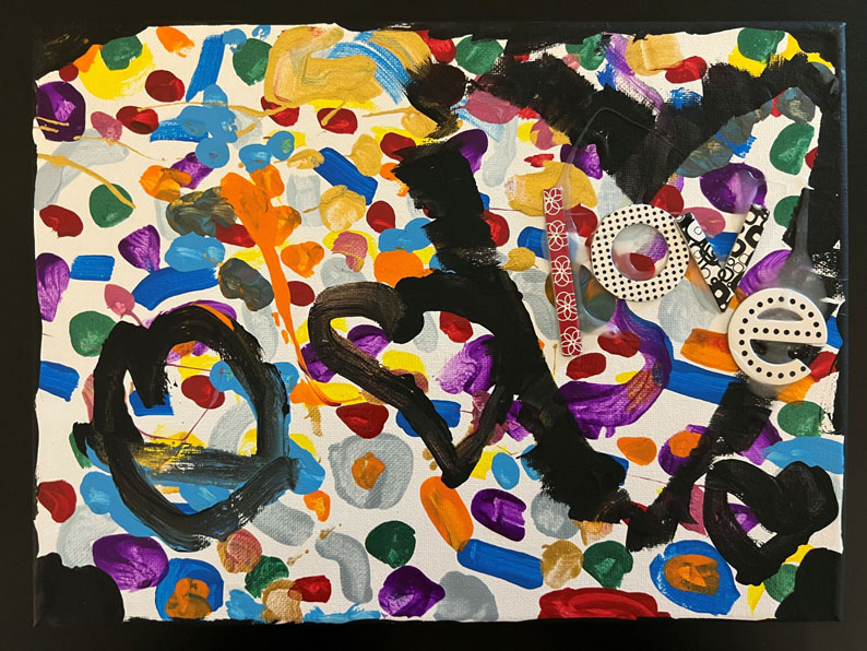 An art piece of a heart with the word 'love' in the middle, and with multiple strokes of paint in many colors in the background.
