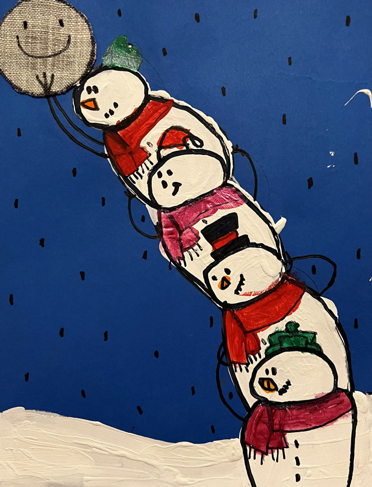A painting of four snowmen stacked on top of each other, with the top one holding the moon.