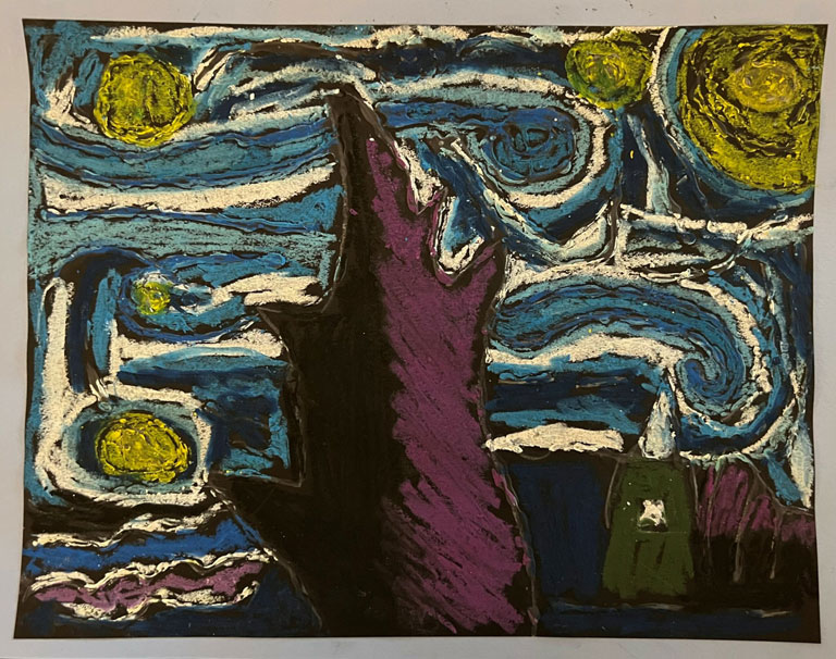 A child's artwork inspired by Van Gogh's Starry Night.