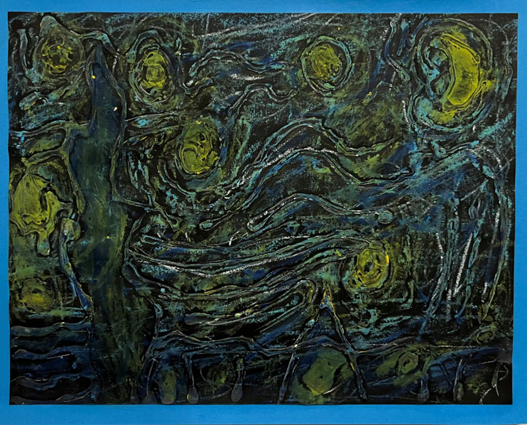 A child's foil and color artwork inspired by Van Gogh's Starry Night.